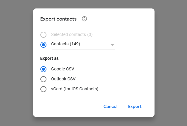 تصدير جهات الاتصال Google CSV