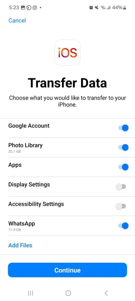 اختيار البيانات لنقلها لايفون