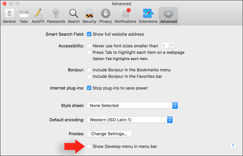 عرض قائمة Develop لسفاري
