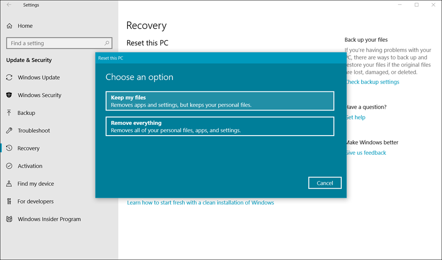 إعادة ضبط مصنع ويندوز 10