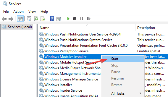 تنشيط خدمة Windows Modules Installer
