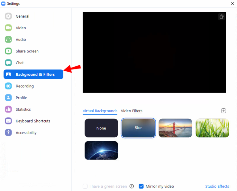 اعدادات الخلفيات والفلاتر زووم