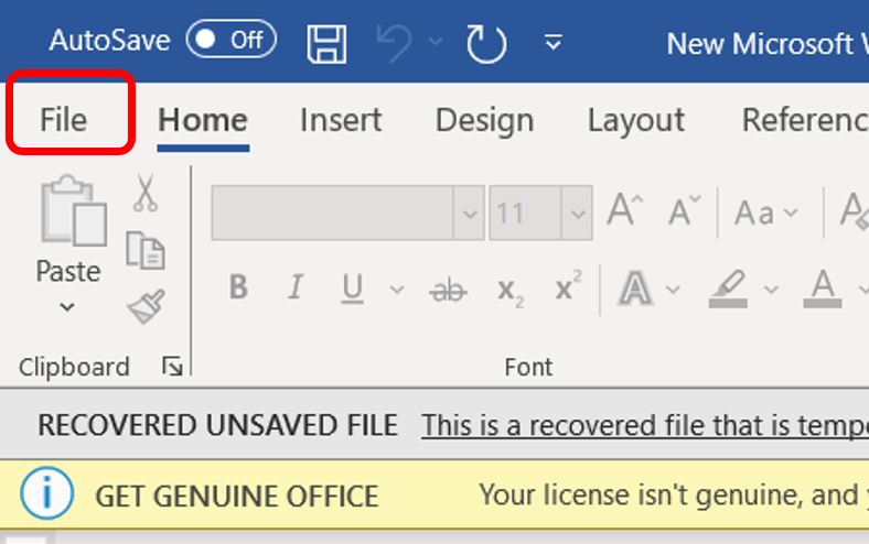 الخيار file في برنامج الوورد