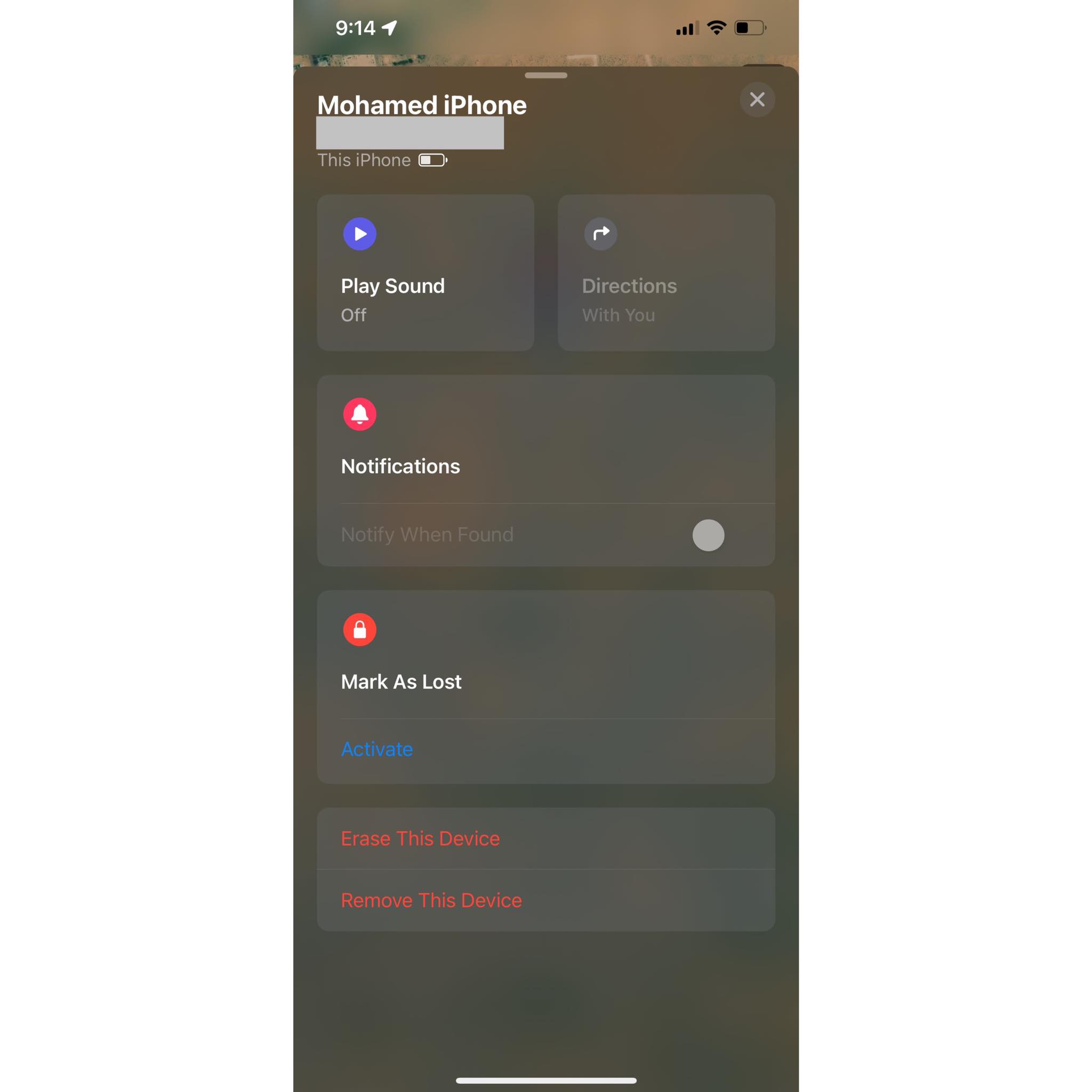 وضع الفقدان في تطبيق Find My