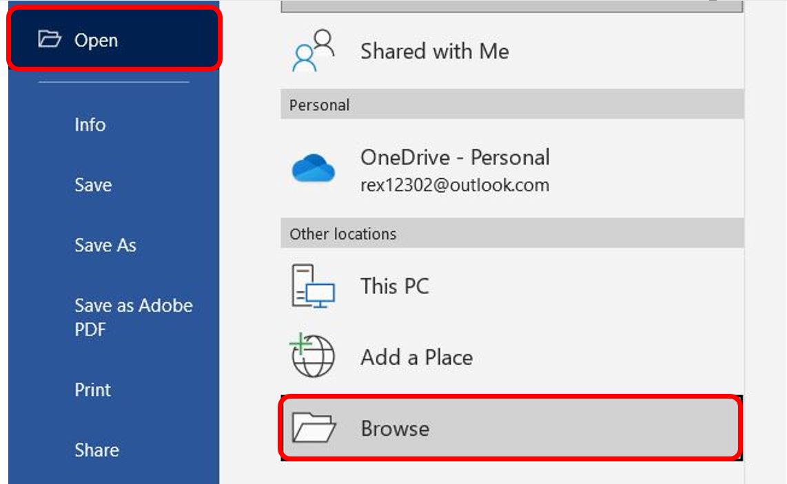 لقطة شاشة تظهر خطوات الوصول للخيار brows في word