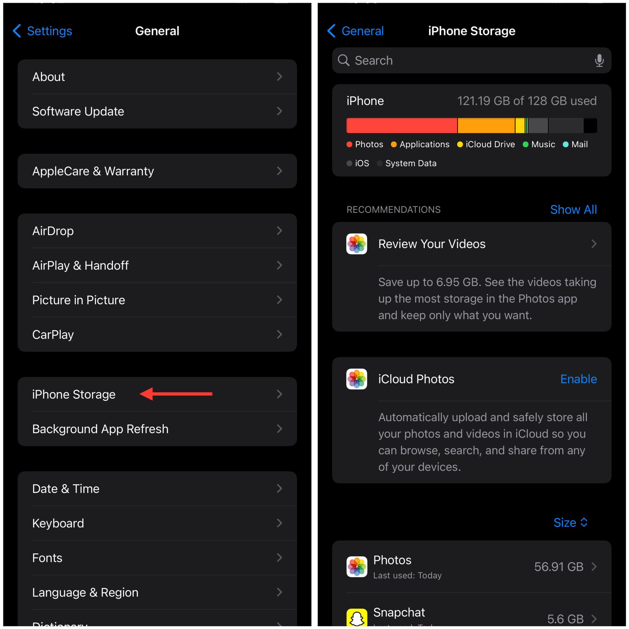 الاطلاع على مساحة جهاز ايفون