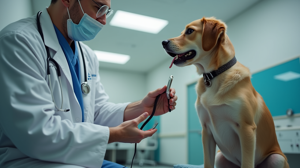 Close-up view of a veterinarian examining a calm dog in a clinic