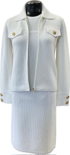 stylish white business dress with white jacket and gold buttons