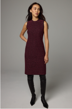 wine colored sleeveless dress and black leggings and black shoes