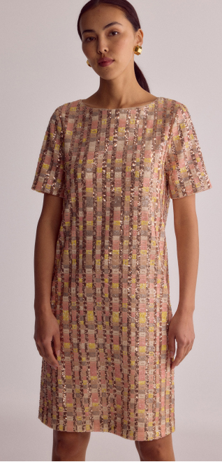woman in classy patterned dress