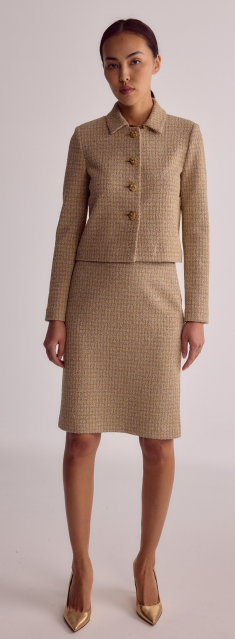 neutral dress, jacket and shoes