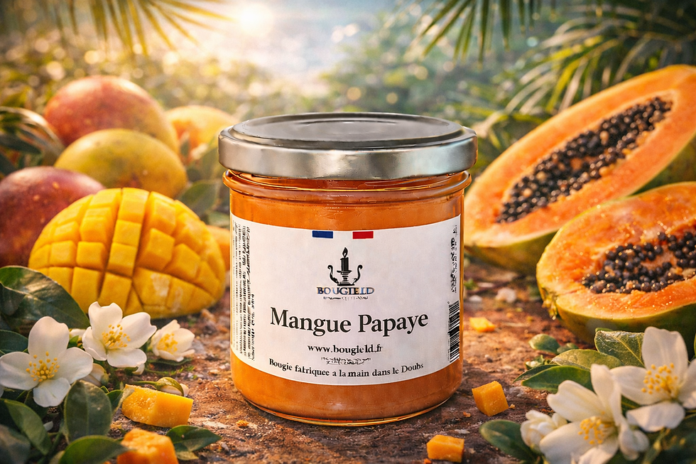 Bougie parfumée artisanale Mangue Papaye dans un pot en verre avec parfum exotique fruité inspiré de la mangue et de la papay