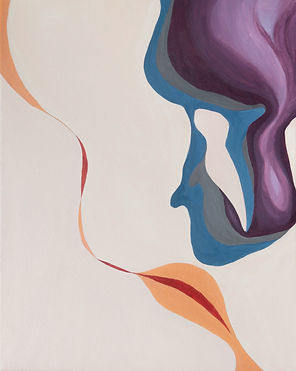 abstract forms: orange, red, blue, green, purple on an off-white background