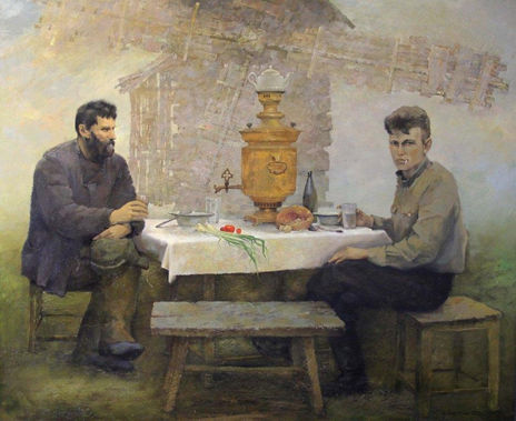 У мельницы двп.м. 73х86 1996г. На картине изображены слева Кокорин Архип Андреевич (дед автора) справа Александр Архипович (отец автора) Дед автора был предприимчивым человеком который построил мельницу и молол муку для жителей Зауральского края.