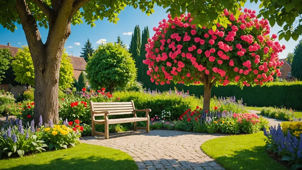 A small garden with vibrant flowers and a simple bench under a tree