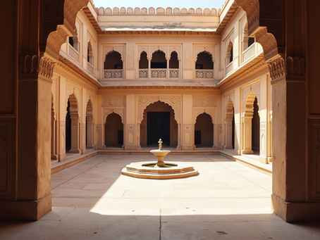 Eye-level view of a traditional Rajasthani haveli courtyard with intricate carvings