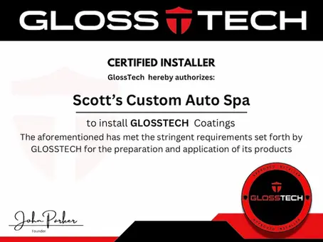 GlossTech Certified Ceramic Coating Installer certificate awarded to Scott's Custom Auto Spa in Brighton, Ontario.