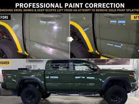 Professional paint correction before and after on a Toyota Tacoma. Deep paint defects corrected before ceramic coating installation at Scott's Custom Auto Spa & Ceramic Coatings in Brighton, Ontario.