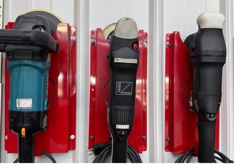7-inch, 5-inch, and 3-inch rotary polishers used for heavy paint correction cutting stages