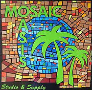 A mosaic business logo with green palm trees with text that reads "Mosaic Oasis."