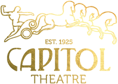 A gold and white business logo with a chariot and horses over text that reads "Capitol Theatre."