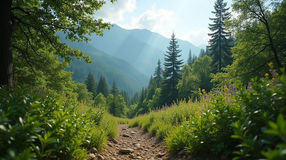 High angle view of mountain trail with lush green trees