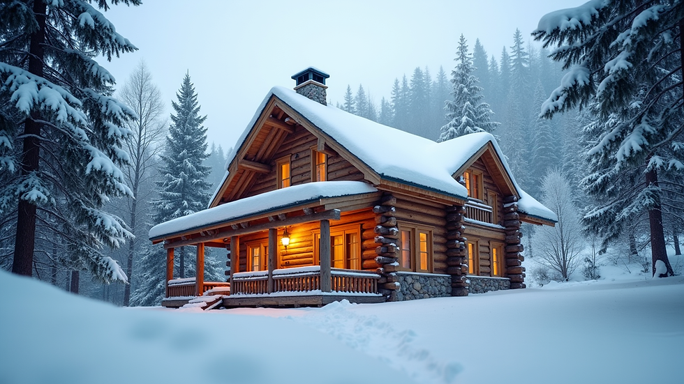 Eye-level view of cozy wooden mountain cabin with snow-covered roof