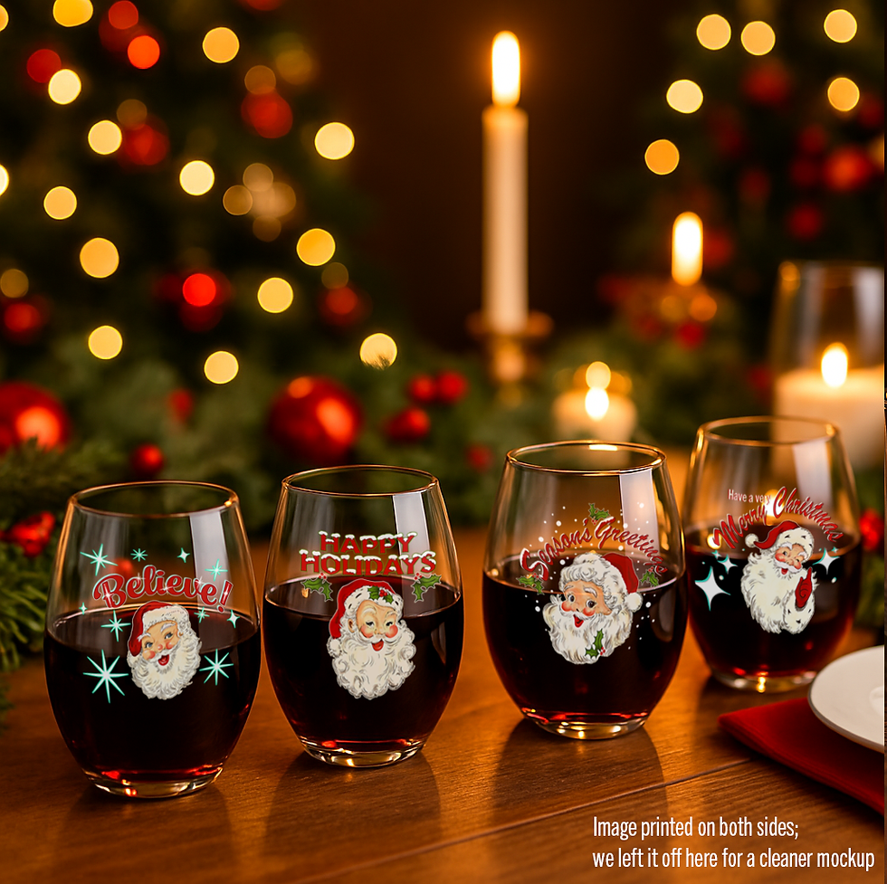A set of four stemless wine glasses on a holiday table, each printed with a different vintage Santa design and festive lettering. A Christmas tree and candles glow softly in the background.