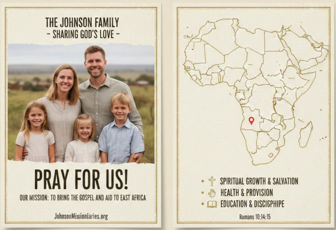 a missionary prayer card for A smiling family stands in a field beside a map of Africa. Text reads "Pray for us!" with a mission to East Africa. Website link included.