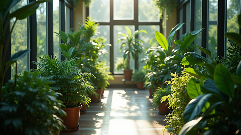 High angle view of a biophilic indoor garden with various green plants