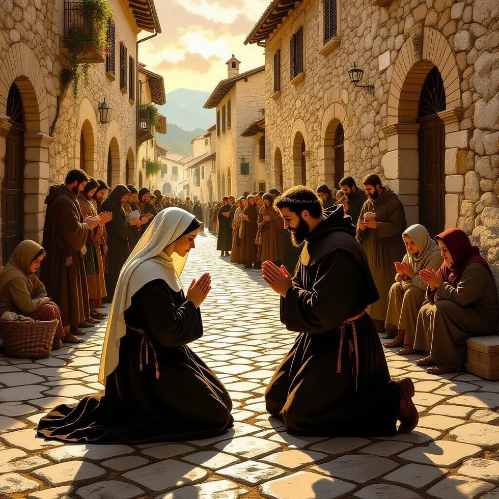 Representação de Clara e Francisco nas ruas de Assis, Itália.                               Imagem do Cantinho dos Anciãos criada por i.a.