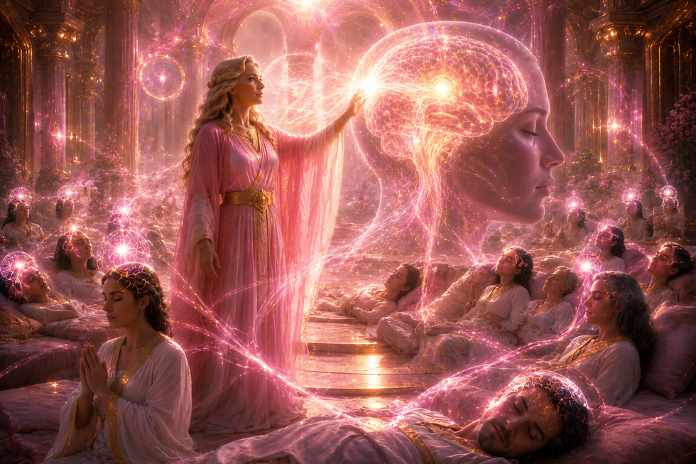 Mestra Rowena e a manifestação da Chama Rosa durante o sono daqueles que também manifestam o pedido pela presença e envolvimento da Chama Rosa. Imagem do Sol da Alvorada criada por i.a.