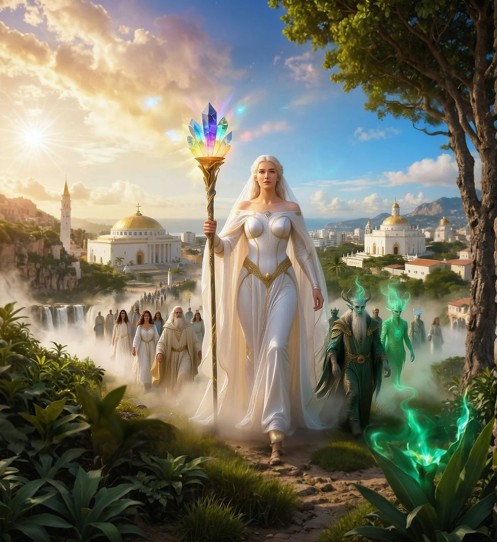 Representação da Procissão de Luz da Grã-Mestra com arcanjos, mestres e mestras espirituais da Luz, Elementais e Encantados. Imagem do Cantinho dos Anciãos criada por i.a.