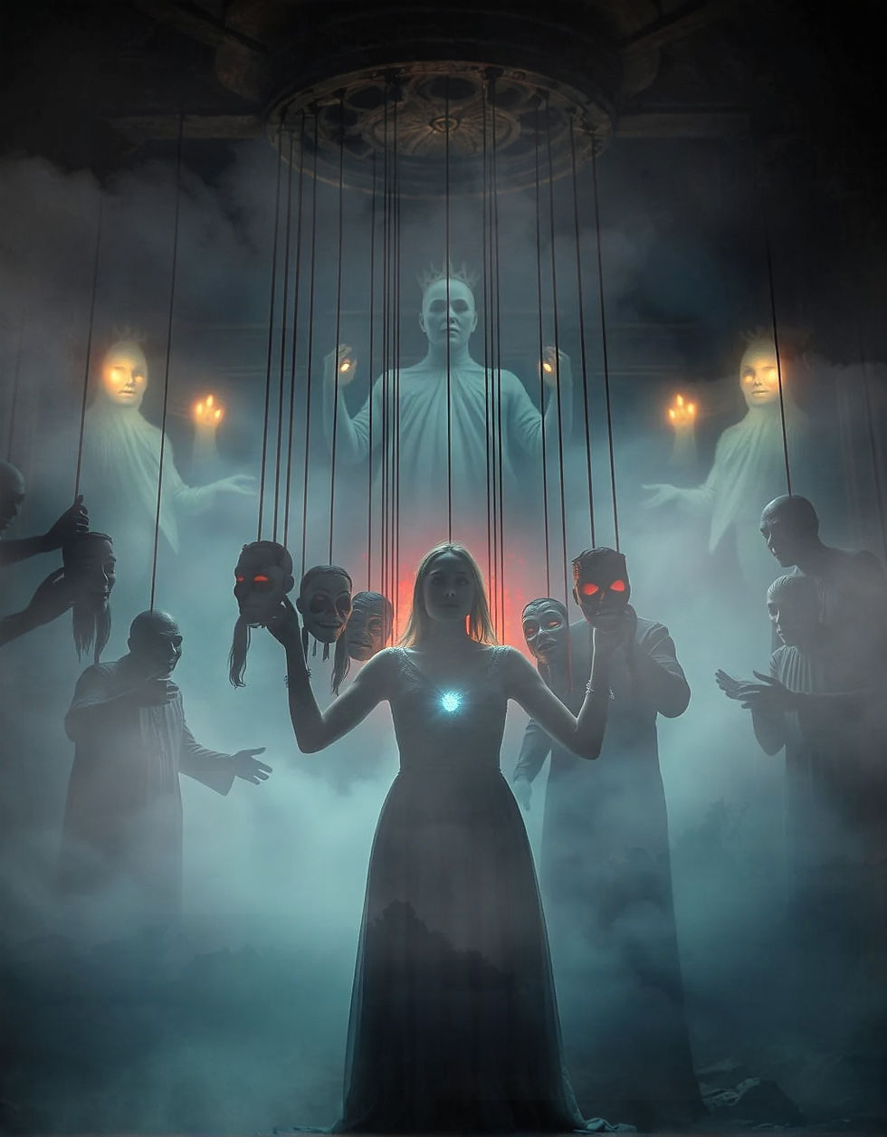 No plano invisível, Beatriz aparecia como uma marionete cercada por fios negros, que entidades zombeteiras puxavam com prazer. Imagem do Cantinho dos Anciãos criada por i.a.