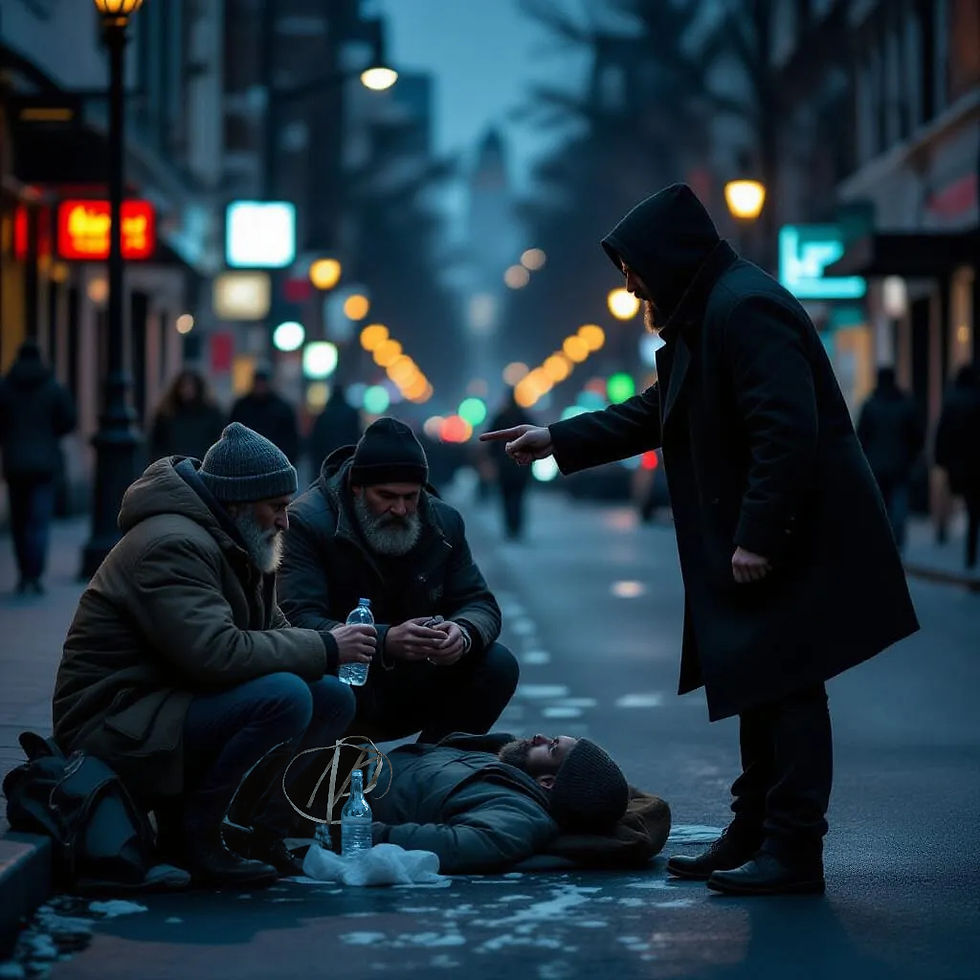Representação de um homem agredindo pessoas por ajudarem uma pessoa em situação de rua. Os homens escolhem o silêncio para não responderem a raiva com a raiva como ensina o Mestre Rumi. Imagem do Cantinho dos Anciãos criada por i.a.