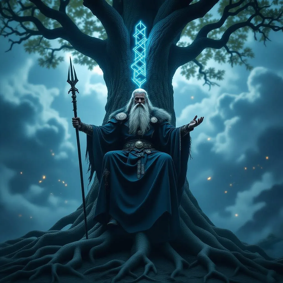 Odin, principal divindade nórdica, é o chefe dos Aesir, associado à sabedoria, guerra, morte, poesia e magia. Conhecido como o "Pai de Todos" (Alföðr), Odin é uma figura multifacetada, retratado como um velho de um olho só (sacrificado a Mimir por conhecimento) que viaja pelo mundo. Ele possui centenas de nomes que descrevem seus diferentes papéis, como Valfather (Pai dos Mortos), Ygg (O Horrível) e Gautr (O Criador). Imagem do Cantinho dos Anciãos criada por I.A.