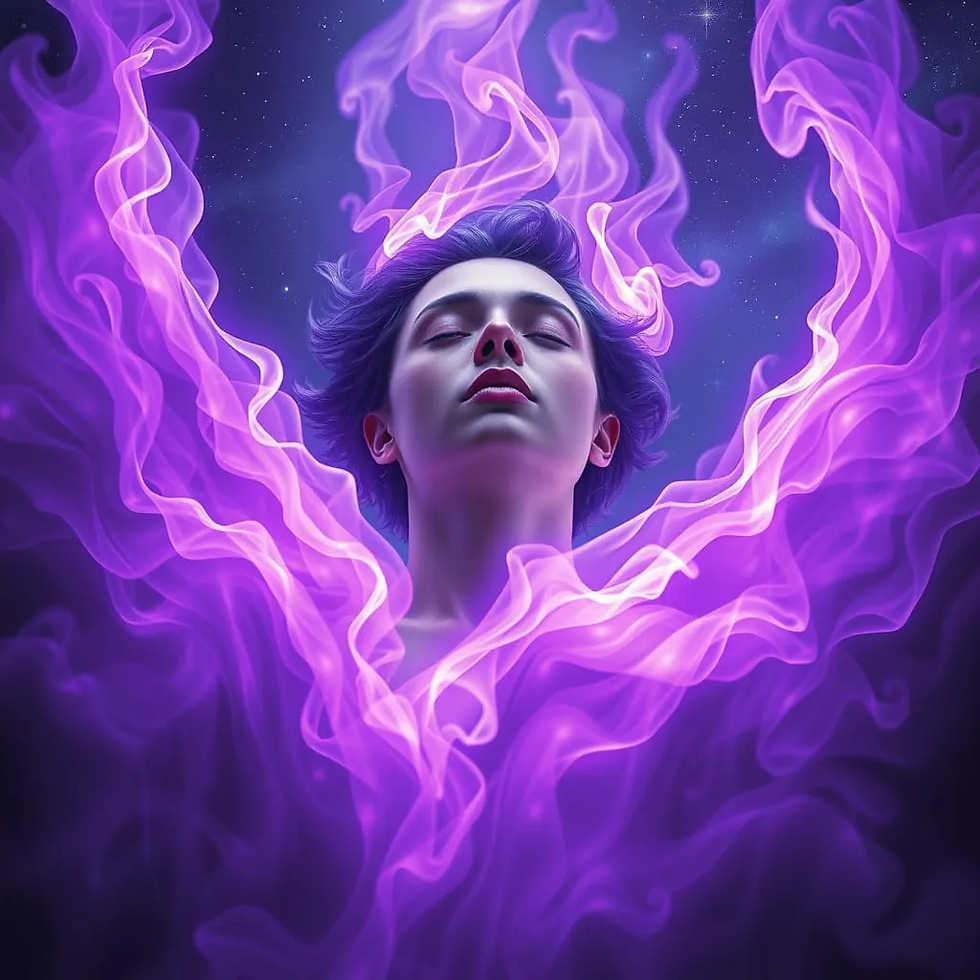 Representação do fluxo de energia da Chama Violeta. Imagem do Cantinho dos Anciãos criada por i.a.