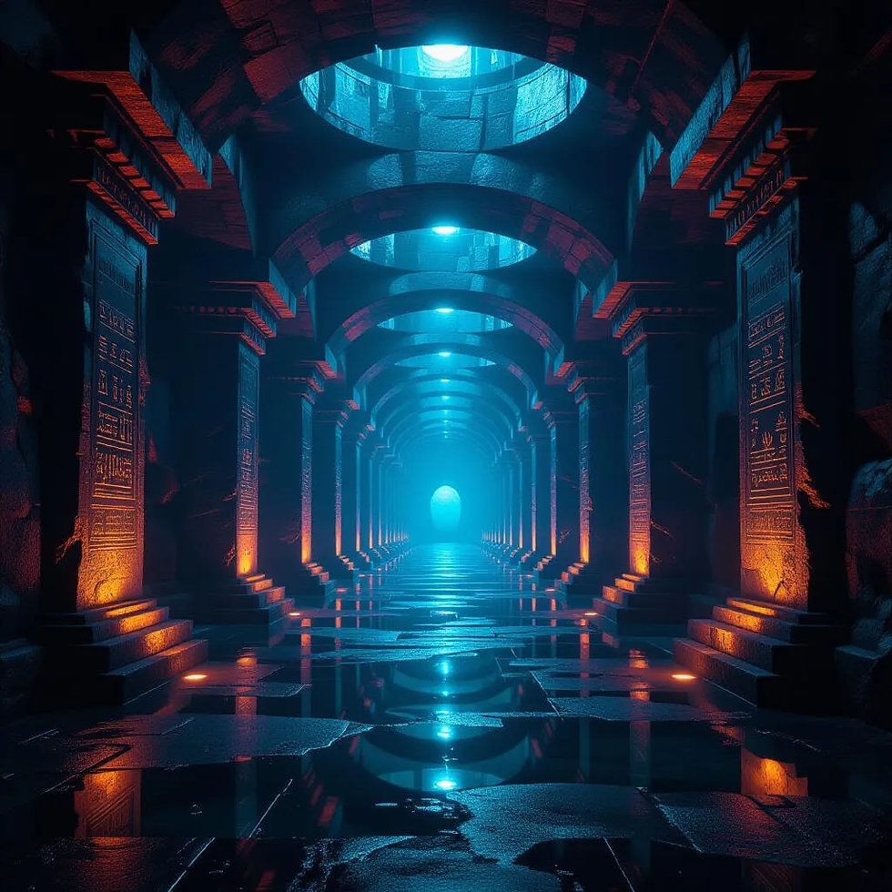 Galerias de Amenti representam estados internos, portais de iniciação e estágios de prova e purificação. Imagem do Sol da Alvorada criada por i.a.