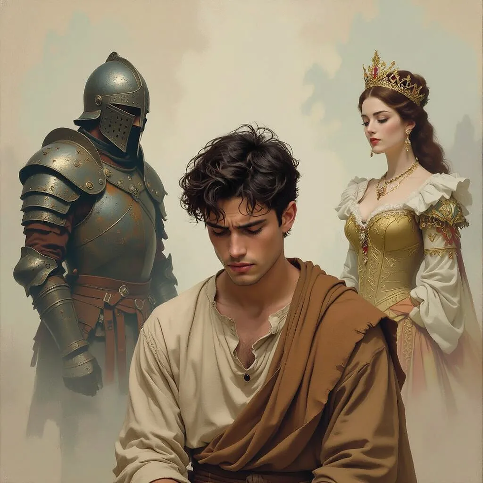 Eduardo em vislumbre mediúnico de duas de suas vidas passadas: uma como guerreiro feroz e carrasco e outra como uma rainha orgulhosa e que praticava sentença e humilhações públicas para o seu prazer íntimo. Imagem do Cantinho dos Anciãos criada por i.a.