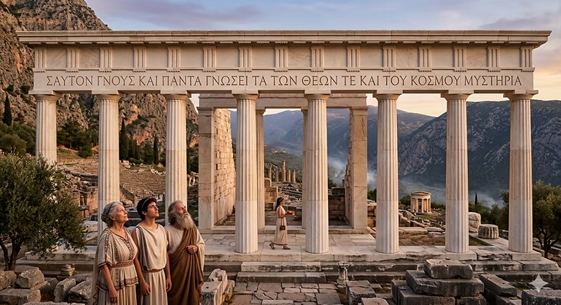 Pórtico do oráculo de Delfos. Imagem gerada por IA pela equipe do cantinho dos anciãos