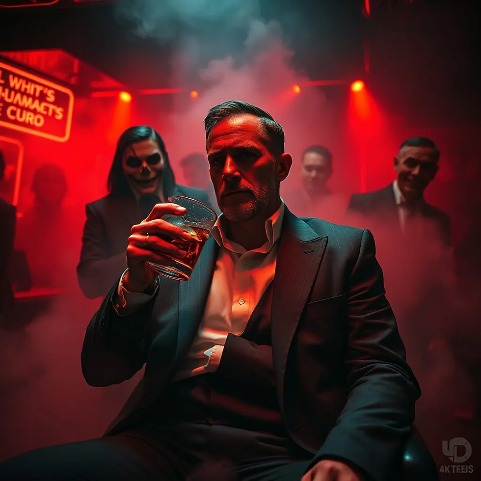 O teatro das sombras obscuras, os ambientes de bares, Pub's, boates, festas, e etc. Locais onde bebidas e entorpecentes fluem licitamente ou ilicitamente. Não importa, depois do primeiro copo, só há degeneração e degradação, não por acaso, do ponto de vista espiritual, se trata de um suicídio lento. Imagem do Cantinho dos Anciãos criada por i.a.