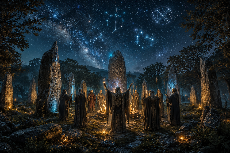 Druidas celtas estão reunidos em círculo ritualístico na floresta em local sagrado durante a noite. Pedras megalíticas se iluminam pela energia azul e dourada manifestada e cercam o ritual espiritual. No céu, constelações formam símbolos ligados aos ciclos da vida e renascimento. Imagem do Cantinho dos Anciãos criada por i.a.