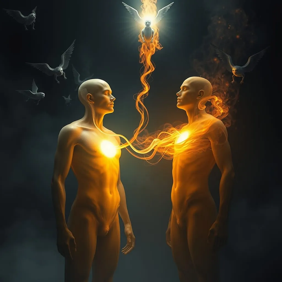 No plano sutil, Júlio aparecia acoplado ao plexo solar de Carlos, como ventosa energética. Sugava fluidos vitais que se condensavam em sua aura. Imagem do Cantinho dos Anciãos criada por i.a.