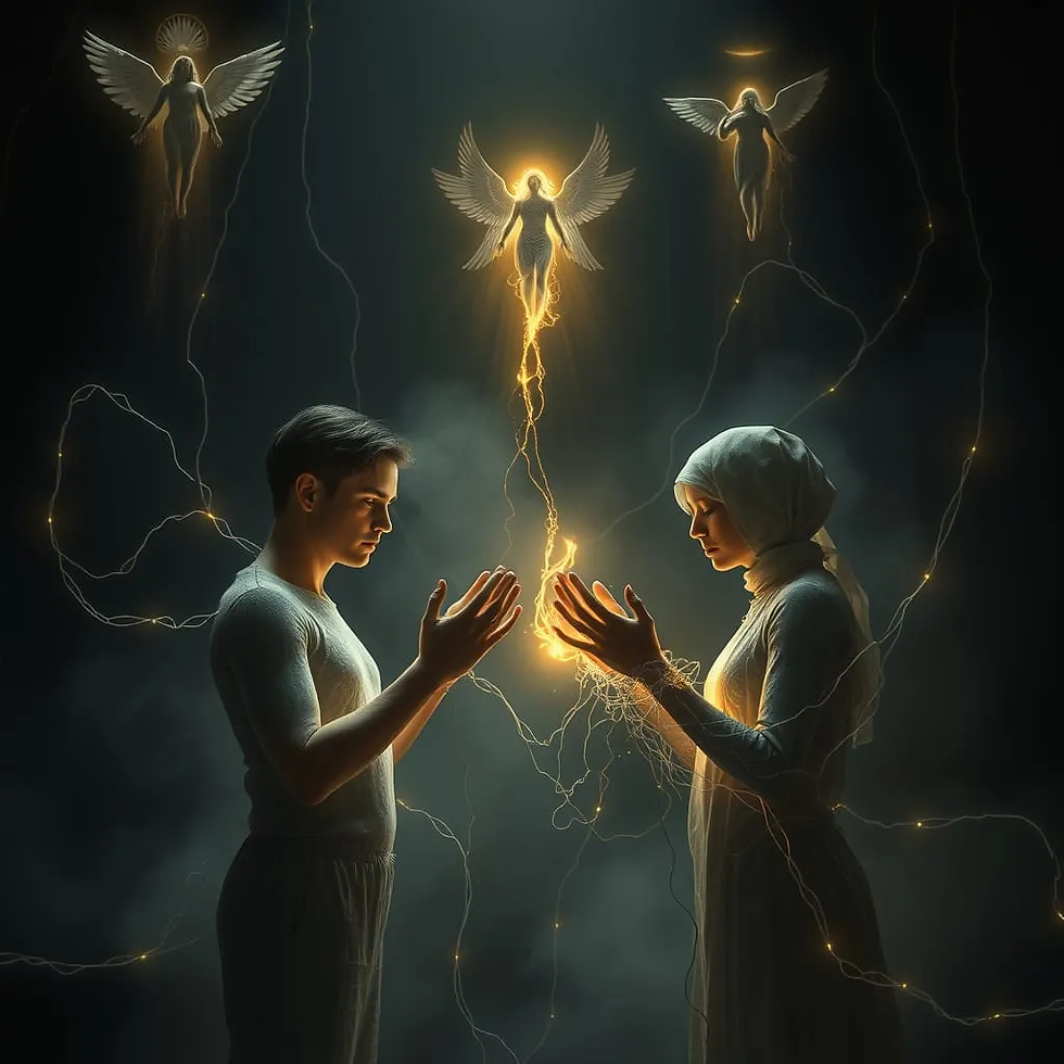 Na dimensão invisível, cordas grossas envolviam os pulsos de Cláudia, puxadas pelas mãos de Sérgio. Seus corpos espirituais estavam conectados por fios densos de energia cinzenta, vibrando medo e posse. Imagem do Cantinho dos Anciãos criada por i.a.