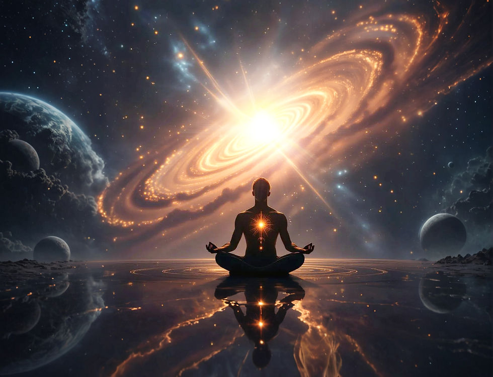 Homem centralizado na imagem e sentado representando a união com o cosmos,