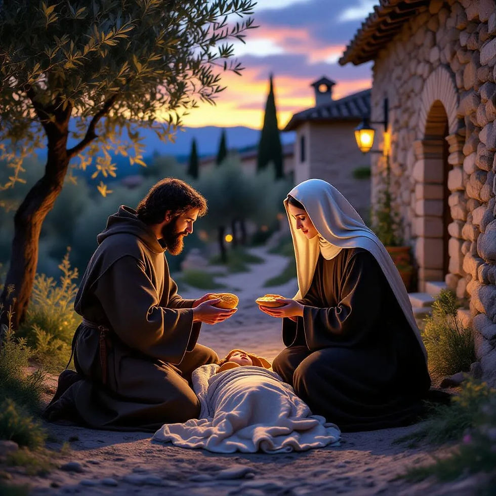 Clara e Francisco, o Amor que Transborda, a Irmandade que Cura. Imagem do Cantinho dos Anciãos criada por i.a.