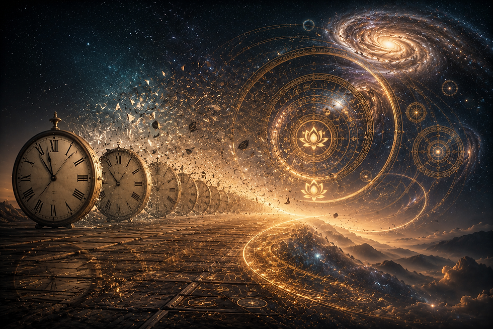 Cena simbólica mostrando relógios lineares dissolvendo-se em círculos cósmicos orientais. A composição representa o contraste entre visão linear e visão cíclica do tempo. No fundo, estrelas e galáxias reforçam a dimensão metafísica do universo. A cena transmite reflexão filosófica sobre história, eternidade e existência.