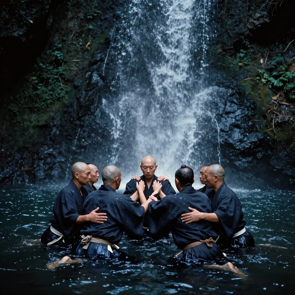 Monges yamabushi morrer simbolicamente para renascer espiritualmente. Imagem do Sol da Alvorada criada por i.a.