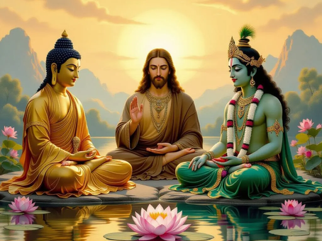 Buda a esquerda, Jesus no centro e Krishna, a direita. Todos em meditação diante de um cenário espiritual.