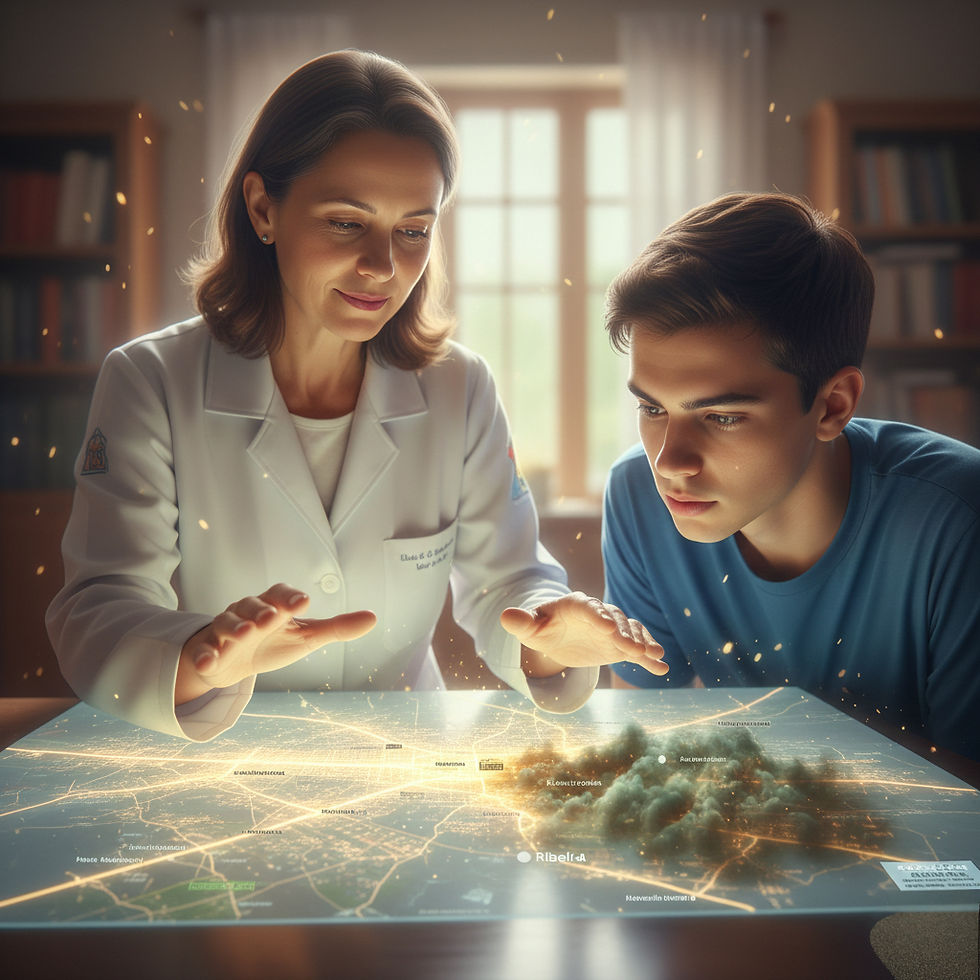 A médica Maria Clara Vilela apresentando um mapa do plano astral de Natal. Imagem do Cantinho dos Anciãos gerada por I.A.